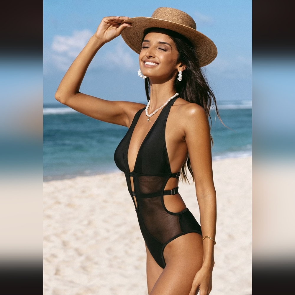 Mesh Plunging Halter One Piece Swimsuit